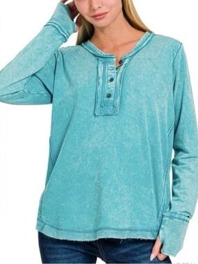 Zenana Outfitters Washed Teal Henley Long Sleeve Top